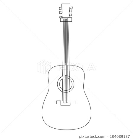 Continuous line drawing of wooden classic acoustic guitar. Modern stringed music instruments concept drawn by one line. Single line vector illustration. Continuous line drawing of wooden classic acoustic guitar. Modern stringed music instruments concept drawn by one line. Single line vector illustration. 104089187