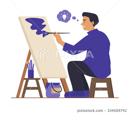 Artist Man Thinking Creative Idea and Painting Colors on Canvas Artist Man Thinking Creative Idea and Painting Colors on Canvas 104089742