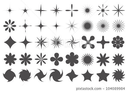 Y2k stars icons. Retro graphic elements for design. Modern rave symbols. Abstract geometric stars sparkles and futuristic twinkle shapes. Vector set of stickers on white background 104089984