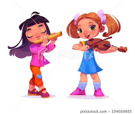 Cartoon girls playing violin and flute 104089985