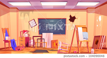 Abandoned messy art classroom with crack wall 104090048