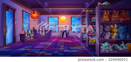 Cartoon toy shop with furniture at night Cartoon toy shop with furniture at night 104090051