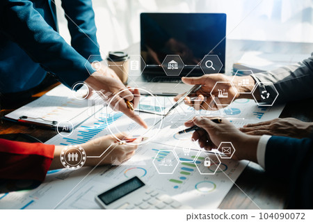 .Business team present professional investor working new start up project. Digital tablet laptop computer Finance managers meeting with digital marketing media in virtual icon 104090072