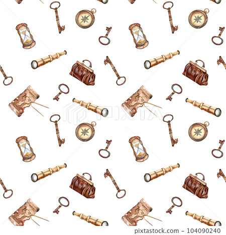 Adventure items vintage style watercolor seamless pattern isolated on white. Compass, spyglass, map, handbag, sandglass hand drawn. Design element for boy's print, textile, wallpaper, background Adventure items vintage style watercolor seamless pattern isolated on white. Compass, spyglass, map, handbag, sandglass hand drawn. Design element for boy's print, textile, wallpaper, background 104090240