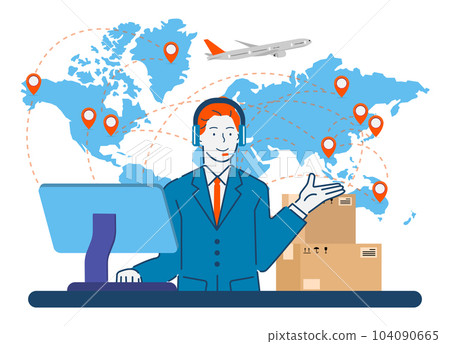 Logistics service provider and Call center concept with 2D cartoon character on white background. Global export and import airlinnes. Vector illustration eps10 104090665