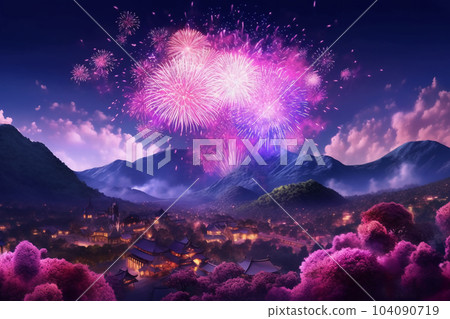 Fireworks on the mountain 3D scene super high detail Fireworks on the mountain 3D scene super high detail 104090719