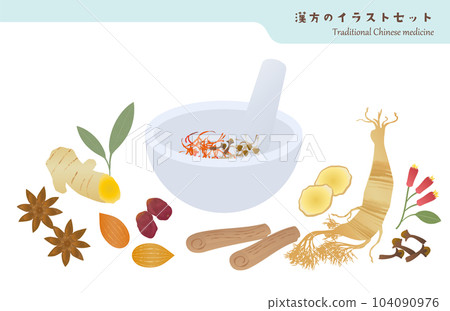 Illustration set of mortar and herbal medicine material Illustration set of mortar and herbal medicine material 104090976