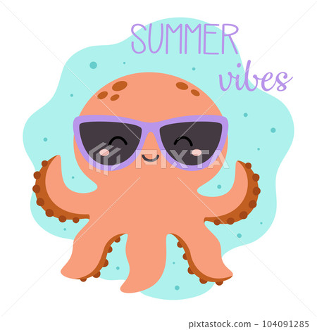 summer card with cute cartoon octopus character 104091285
