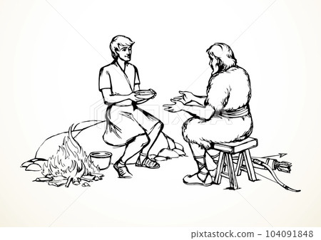 Vector drawing. Jacob gives soup to Esau 104091848
