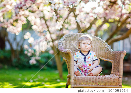 Cute little baby girl sitting on big chair in garden. Beautiful happy smiling toddler with blooming pink magnolia tree on background. Healthy child enjoying spring season. 104091914