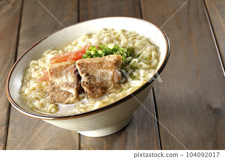 Okinawa soba with pork belly, plenty of small green onions and pickled ginger 104092017