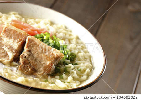 Okinawa soba with pork belly, plenty of small green onions and pickled ginger 104092022