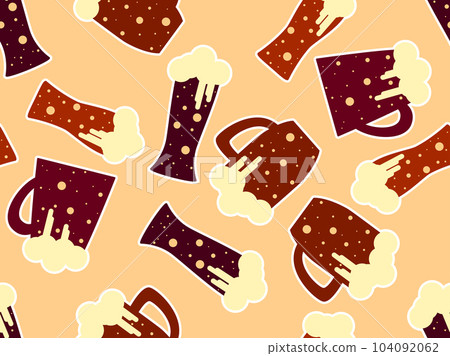 Glass of beer with foam to the top seamless pattern. Frothy beer in a glass with a stroke in a flat style. Design for print, wallpapers, banners and posters. Vetornaya illustration 104092062