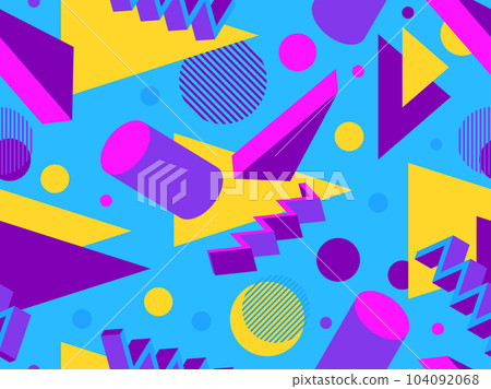 3D geometric seamless pattern in 80s style. 3d isometric triangles, zigzags and circles. Design for promotional products, wrapping paper and printing. Vector illustration 3D geometric seamless pattern in 80s style. 3d isometric triangles, zigzags and circles. Design for promotional products, wrapping paper and printing. Vector illustration 104092068