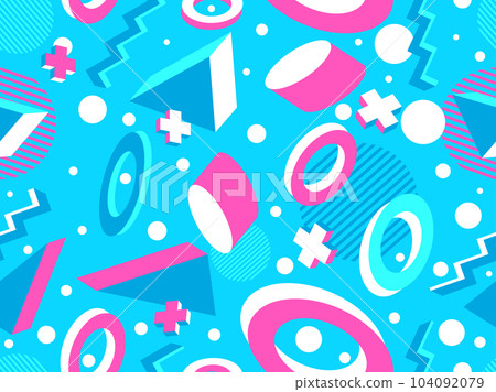 3D geometric seamless pattern in 80s style. 3d isometric triangles, zigzags and circles. Geometric memphis style. Design for promotional products, wrapping paper and printing. Vector illustration 3D geometric seamless pattern in 80s style. 3d isometric triangles, zigzags and circles. Geometric memphis style. Design for promotional products, wrapping paper and printing. Vector illustration 104092079