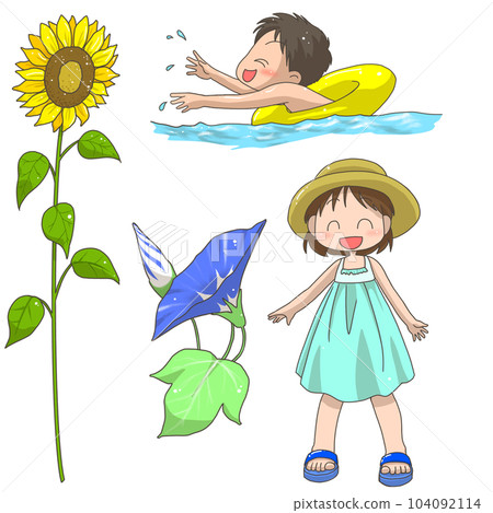 夏天的孩子和向日葵與牽牛花 夏天的孩子和向日葵與牽牛花 104092114