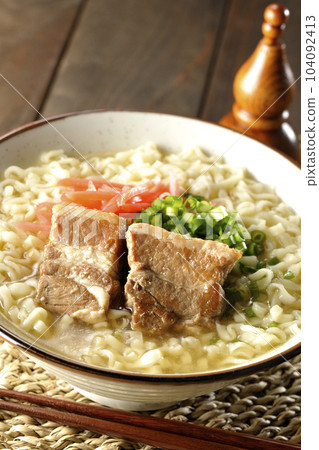 Okinawa soba with pork belly, plenty of small green onions and pickled ginger 104092413