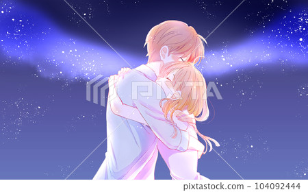 夏夜星空銀河逆光幸福相擁的男女 104092444
