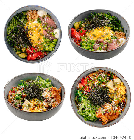 Assorted hawaiian poke bowl dishes collage 104092468