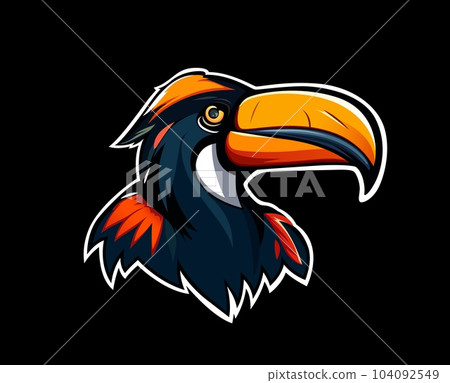 Toucan bird mascot. Vector parrot character of tropical jungle animal with yellow beak. AI generated exotic bird mascot of black toco toucan or toucanet with bright orange wing feathers 104092549