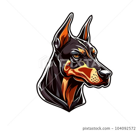 Doberman dog mascot of vector pet animal head with serious face. AI generated black and tan doberman pinscher or dobermann breed puppy with cropped ears. Sport team club, kennel club, dog show mascot 104092572