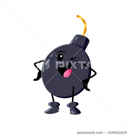 Cartoon bomb character, explosive weapon personage with wick or fuse winks with mischief, exuding a playful personality and hinting at potential explosive surprises. Isolated vector cheeky bomb smile Cartoon bomb character, explosive weapon personage with wick or fuse winks with mischief, exuding a playful personality and hinting at potential explosive surprises. Isolated vector cheeky bomb smile 104092626
