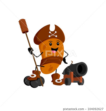 Cartoon potato pirate and corsair vegetable character. Isolated vector spud veggies personage wielding a cannon, ready for adventure on the high seas. Playful and whimsical swashbuckler tuber captain 104092627