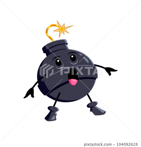 Cartoon shocked bomb character, explosive weapon personage with burning wick or fuse expressing dazed expression, conveying a sense of imminent danger and surprise. Isolated vector overwhelmed emoji 104092628