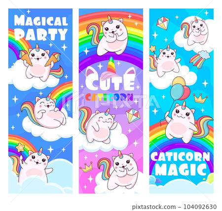 Caticorn magical party. Cartoon caticorn cat and kitten characters, rainbow and clouds. Vector vertical banners with cute kawaii fantasy animals, heavenly feline unicorn with wand, balloons, ice cream 104092630