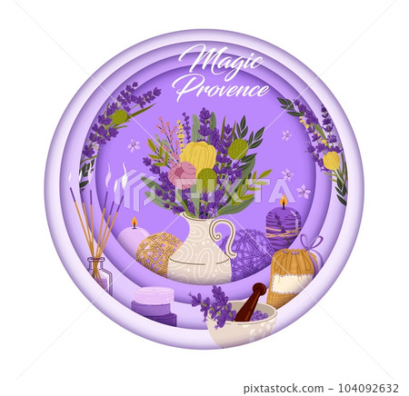 Lavender paper cut banner with flowers and cosmetics. Floral bouquet of provence spring flowers, plants and herbs in vector round frame of 3d papercut layers with lavender soap, essential oil, candles Lavender paper cut banner with flowers and cosmetics. Floral bouquet of provence spring flowers, plants and herbs in vector round frame of 3d papercut layers with lavender soap, essential oil, candles 104092632