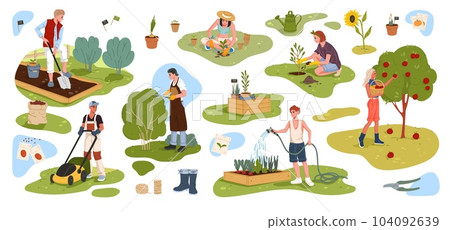 Cheerful farmer, gardener and grower cartoon characters set. Vector young woman and man personages planting flowers and watering vegetables, mowing lawn, picking fruits and cutting bushes Cheerful farmer, gardener and grower cartoon characters set. Vector young woman and man personages planting flowers and watering vegetables, mowing lawn, picking fruits and cutting bushes 104092639