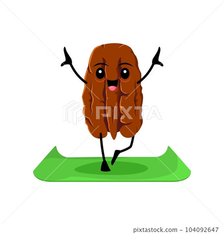 Cartoon happy pecan nut character yoga or pilates fitness sport. Vector cute seed stand on mat in yogi asana pose. Comic funny pekan kernel personage at wellness class, health care and yoga practice 104092647