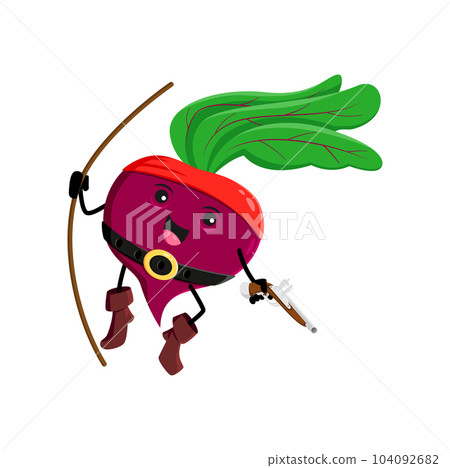 Cartoon beetroot vegetable pirate and corsair character. Vector beet sailor attack with musket hanging on rope. Isolated smiling buccaneer veggies, freebooter, picaroon kids book or game personage 104092682