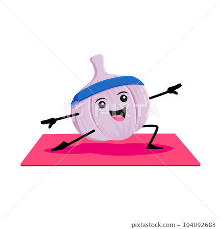 Cartoon garlic vegetable character on yoga or pilates fitness sport. Vector funny veggies seeking harmony of body and mind standing in asana pose on mat. Comic personage at health care yogi practice Cartoon garlic vegetable character on yoga or pilates fitness sport. Vector funny veggies seeking harmony of body and mind standing in asana pose on mat. Comic personage at health care yogi practice 104092683