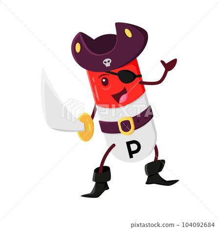 Cartoon vitamin and P micronutrient pirate or corsair character. Micronutrient tablet, food supplement capsule or vitamin dragee pirate comical vector personage in tricorn hat, fencing with cutlass 104092684