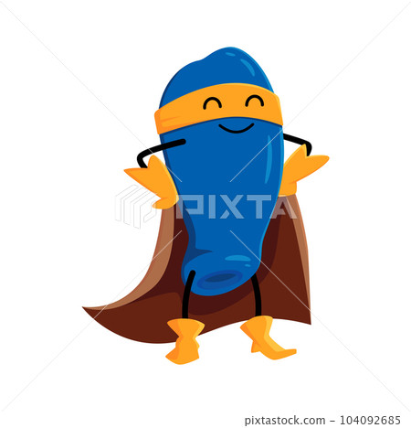 Cartoon honey berry superhero character. Vector funny super hero vigilante in mask and cloak smiling and posing with arms akimbo. Isolated fairy tale plant comics book personage for kids menu or game 104092685