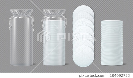 Realistic cosmetic circle cotton pads for gentle and effective makeup or nail polish removal, skincare application. Soft, absorbent, hypoallergenic essentials for daily beauty routine 3d vector mockup 104092733