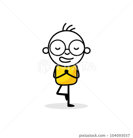 Clam man meditate in yoga pose and balance on one leg. Harmony, balance or meditation, mindfulness relaxation for life wellness, zen, focus or concentration concept. Vector stock illustration 104093037