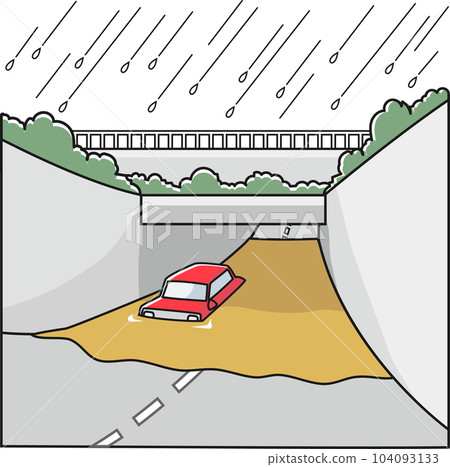A passenger car stuck in a flooded underpass A passenger car stuck in a flooded underpass 104093133