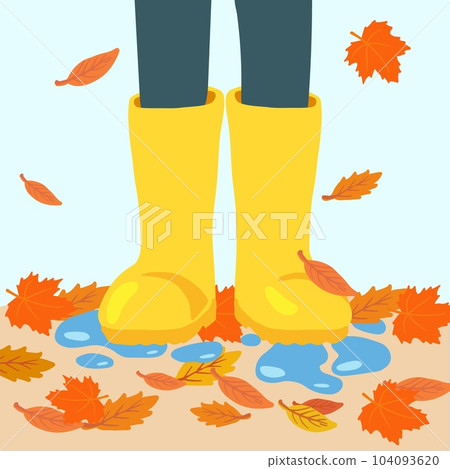 Legs in yellow rubber rain boots in a front view with water splashes and falling leaves. Concept of happy autumn weather. Vector illustration for cards, web, apps Legs in yellow rubber rain boots in a front view with water splashes and falling leaves. Concept of happy autumn weather. Vector illustration for cards, web, apps 104093620