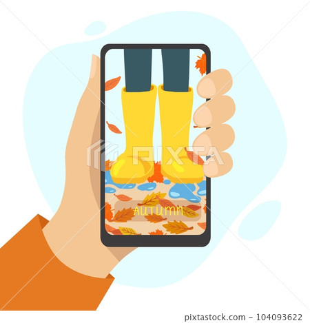 Hand holding phone with yellow rubber boots and falling leaves on the screen. Vector illustration, flat style Hand holding phone with yellow rubber boots and falling leaves on the screen. Vector illustration, flat style 104093622