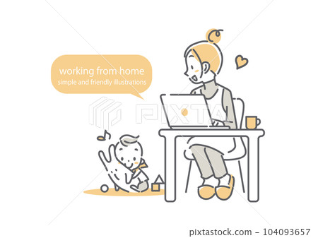 一位在家工作的母親與她的孩子共度美好時光 簡單時尚的線條畫插圖 104093657