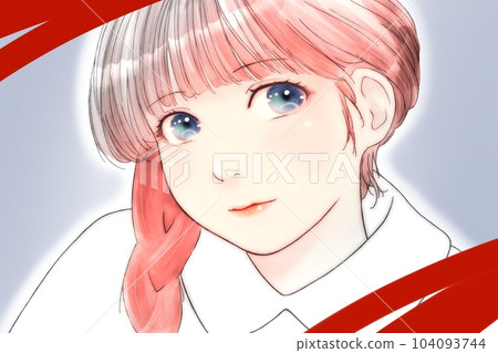 一個帶辮子的微笑女孩的線條畫彩色插圖,頭髮 = 棕色 一個帶辮子的微笑女孩的線條畫彩色插圖,頭髮 = 棕色 104093744