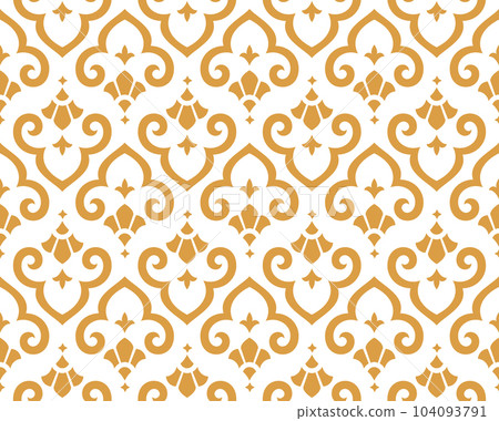 Flower geometric pattern. Seamless vector background. White and gold ornament. Ornament for fabric, wallpaper, packaging. Decorative print Flower geometric pattern. Seamless vector background. White and gold ornament. Ornament for fabric, wallpaper, packaging. Decorative print 104093791