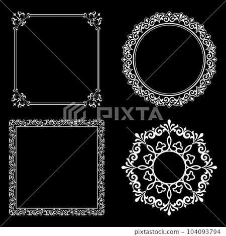 Set of decorative frames Elegant vector element for design in Eastern style, place for text. Floral black and white borders. Lace illustration for invitations and greeting cards. Set of decorative frames Elegant vector element for design in Eastern style, place for text. Floral black and white borders. Lace illustration for invitations and greeting cards. 104093794