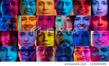 Collage made of close-up portraits of different people, men and women looking at camera against multicolored background in neon light 104094099