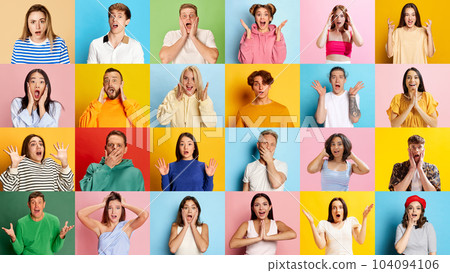 Collage made of portraits of young people, men and women expressing shock and surprise against multicolored background 104094106