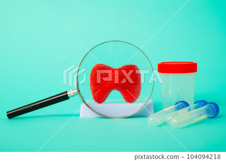 Anatomical model of human thyroid gland with magnifying glass and test tubes and jar for analysis on blue background. Early diagnosis and treatment. Anatomical model of human thyroid gland with magnifying glass and test tubes and jar for analysis on blue background. Early diagnosis and treatment. 104094218