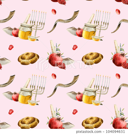 Light pink Rosh hashanah symbols watercolor seamless pattern with shofars, menorah, traditional food for Jewish new year gift wrapping, boxes and greeting designs Light pink Rosh hashanah symbols watercolor seamless pattern with shofars, menorah, traditional food for Jewish new year gift wrapping, boxes and greeting designs 104094631
