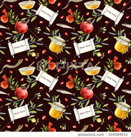 Jewish new year watercolor seamless pattern on dark brown background for Rosh Hashanah holiday gift box wrapping and bags with scroll, greetings, pomegranates, honey, apples, shofar, flowers Jewish new year watercolor seamless pattern on dark brown background for Rosh Hashanah holiday gift box wrapping and bags with scroll, greetings, pomegranates, honey, apples, shofar, flowers 104094632